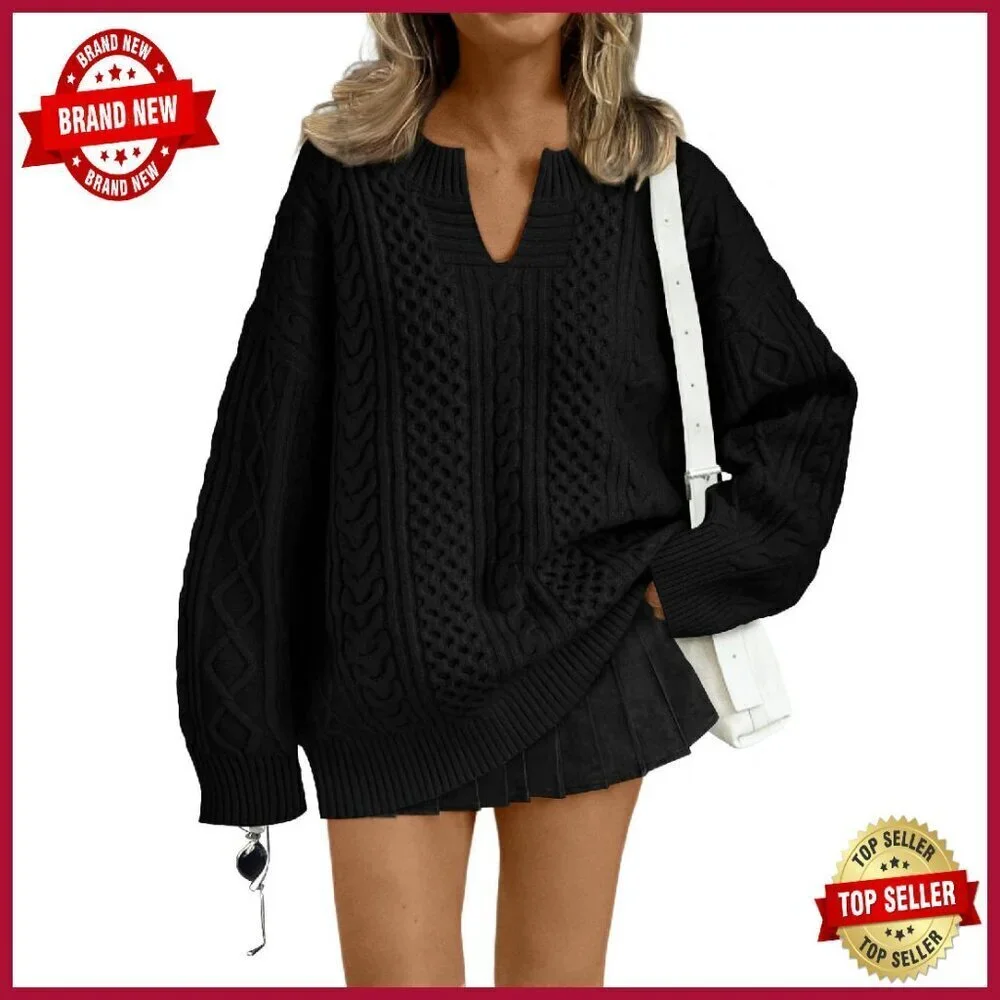 Oversized V-Neck Cable Knit Sweater Women's Cozy Winter Pullover